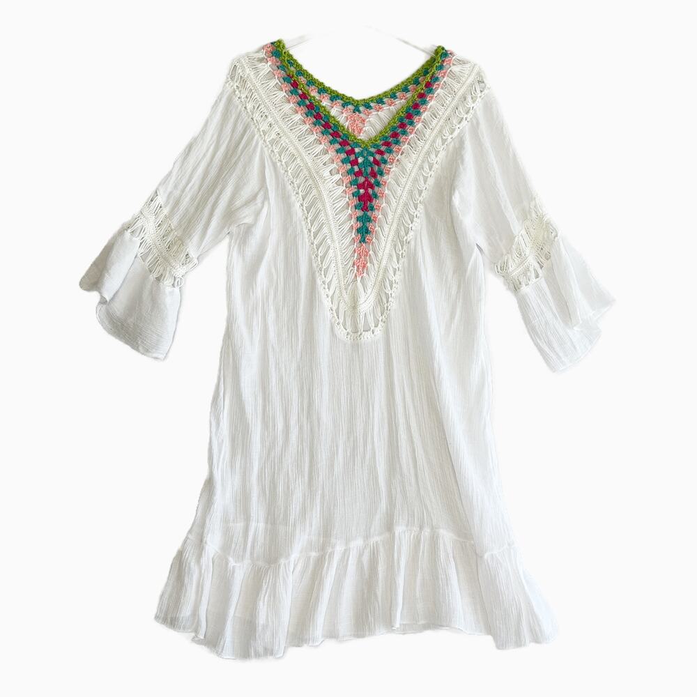 White Gauze Dress Beach Cover-up w/ Pink Green Blue Crochet Neckline S/M Unique